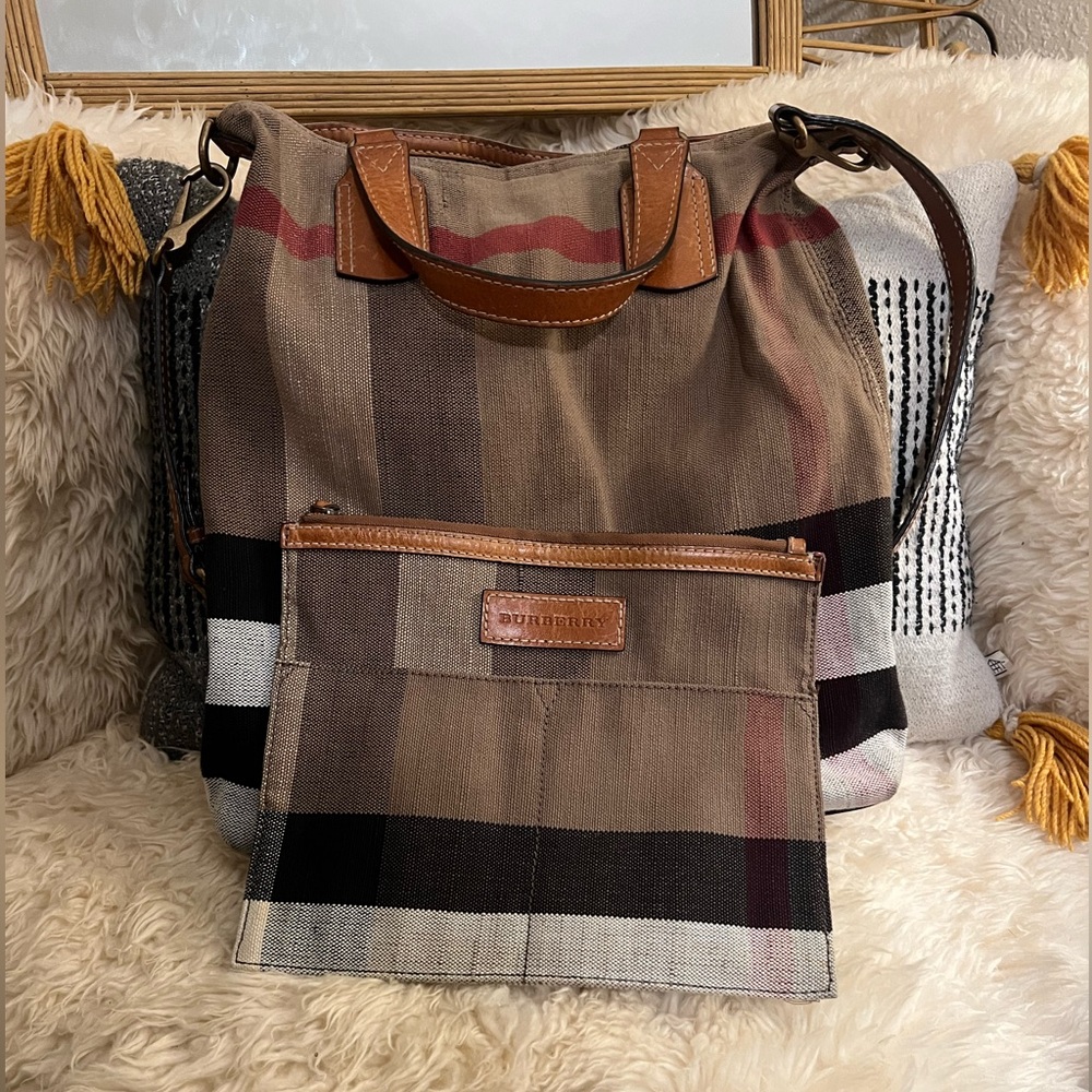 Burberry Plaid Canvas Tote in Brown, Tan and Black with Leather Trim